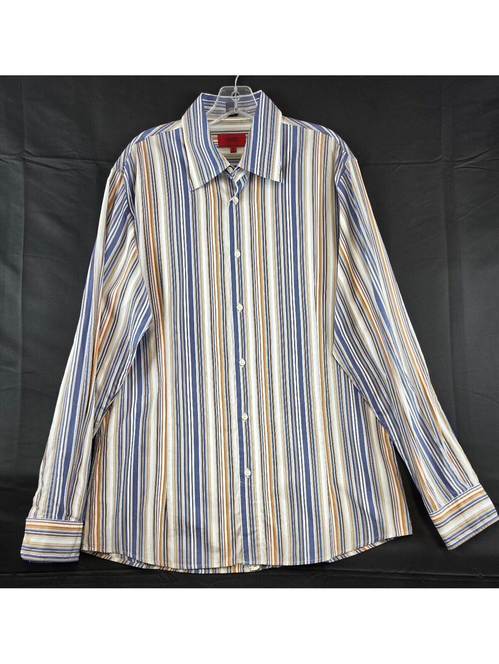 Hugo Boss Men's XL Striped Cotton Button-Up Shirt Blue Brown White